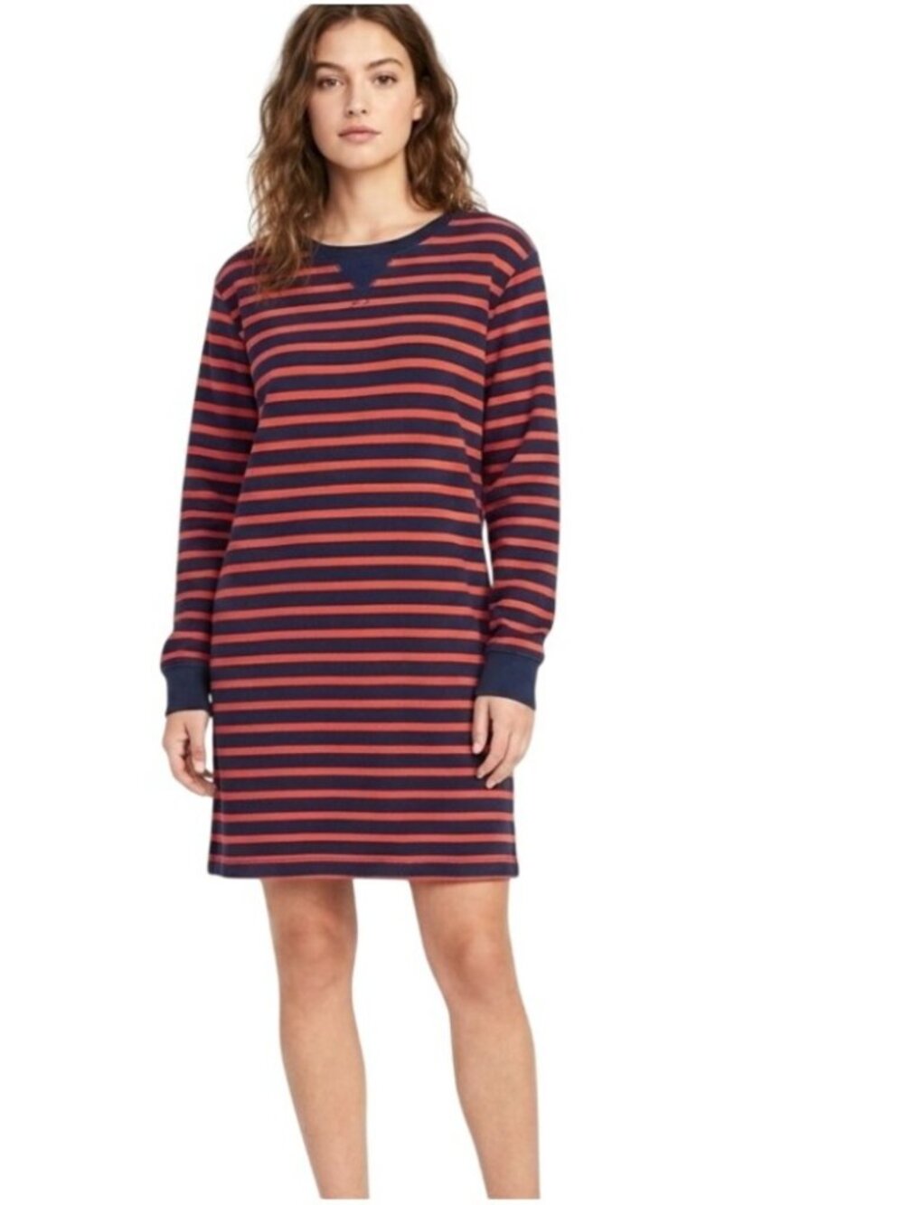 Old Navy Blue Red Striped Fleece Long Sleeve Casual Dress
